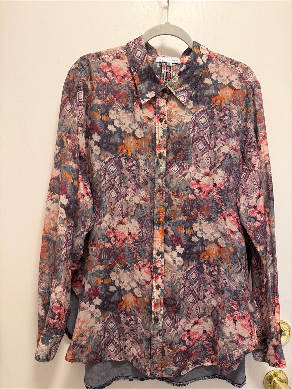 Johnny Was 3J Workshop Geometric Floral Blouse with Velvet Back XL